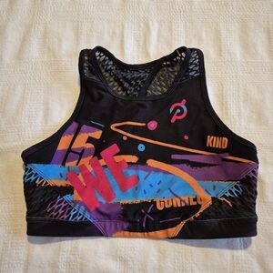 Peloton womens size Medium black with pink, orange, blue & purple bra VGUC